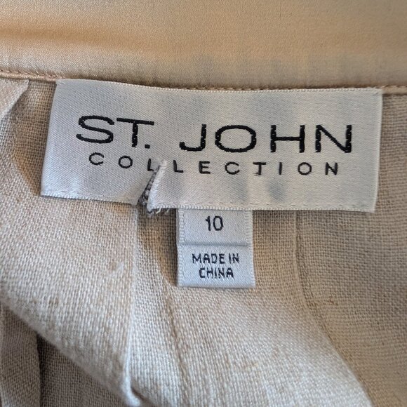 St John Collection Beige Linen Blend Pleated Skirt Silk Waistband Size 10 - Picture 2 of 10